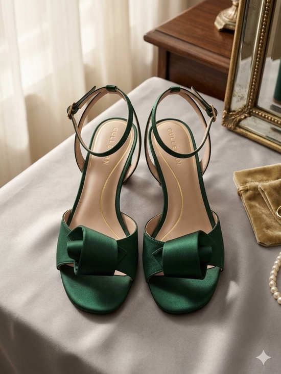Cole Haan Shoes - Cole Haan Florette Rainforest Green Satin Bow Ankle-Strap Heels Size 6